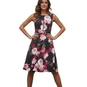 WHITE HOUSE BLACK MARKET 12 Scuba Dress Fit & Flare Floral Sleeveless Bust 38"